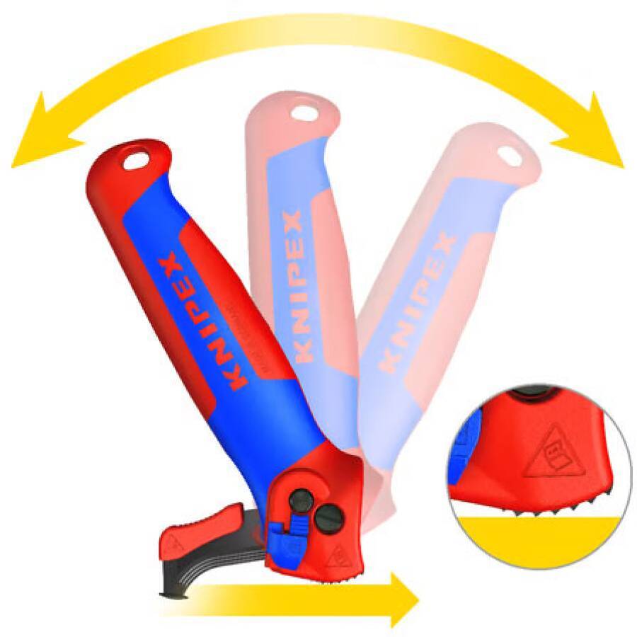 Abbildung einer faltbaren KNIPEX-Handsäge, die verschiedene Positionen zeigt, mit Pfeilen, die ihren verstellbaren Blattwinkel demonstrieren, und einer Nahaufnahme des roten Verriegelungsmechanismus.
