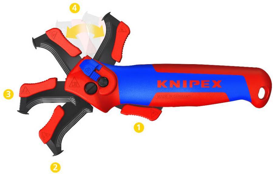KNIPEX Mehrgriff-Zangen mit rotem und blauem Griff, Backen in vier einstellbaren Positionen geöffnet, nummeriert 1 bis 4 auf weißem Hintergrund.