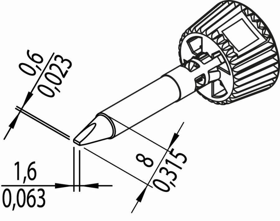 Technische Zeichnung einer konischen Rotationswerkzeugspitze mit Maßangaben: 0,6/0,023, 1,6/0,063 und 8/0,315.