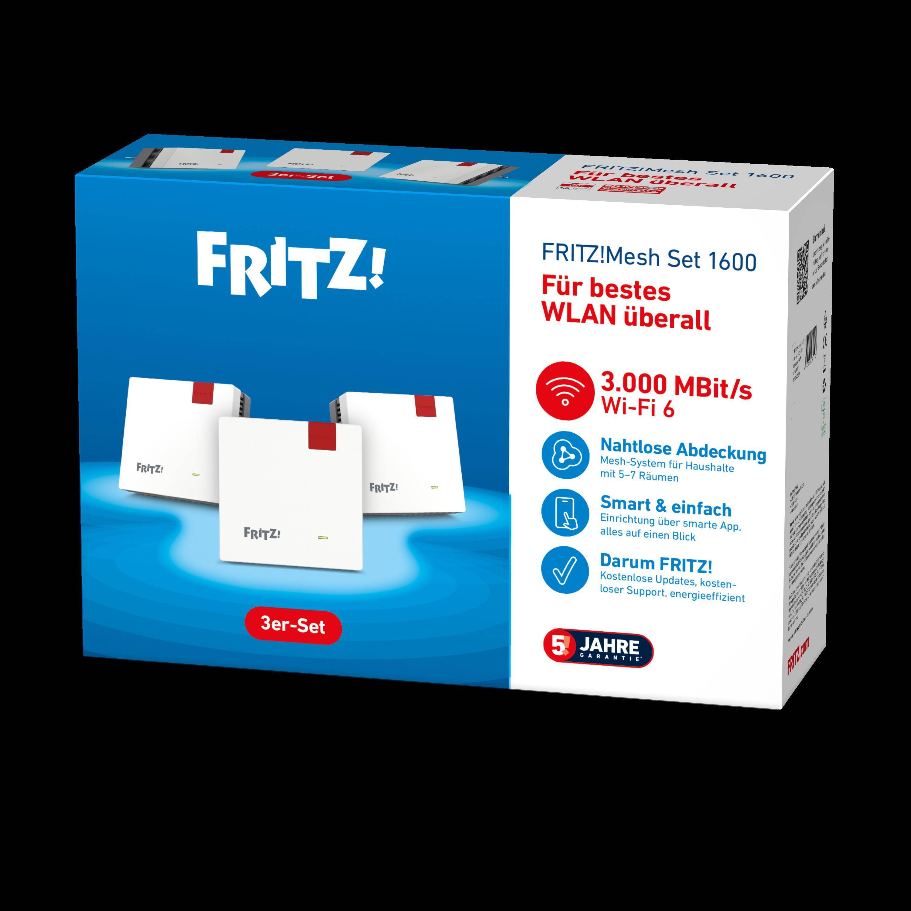 Verpackung des FRITZ!Mesh Set 1600 Wi‑Fi 6 Router-Sets, mit Aufschrift „3er-Set