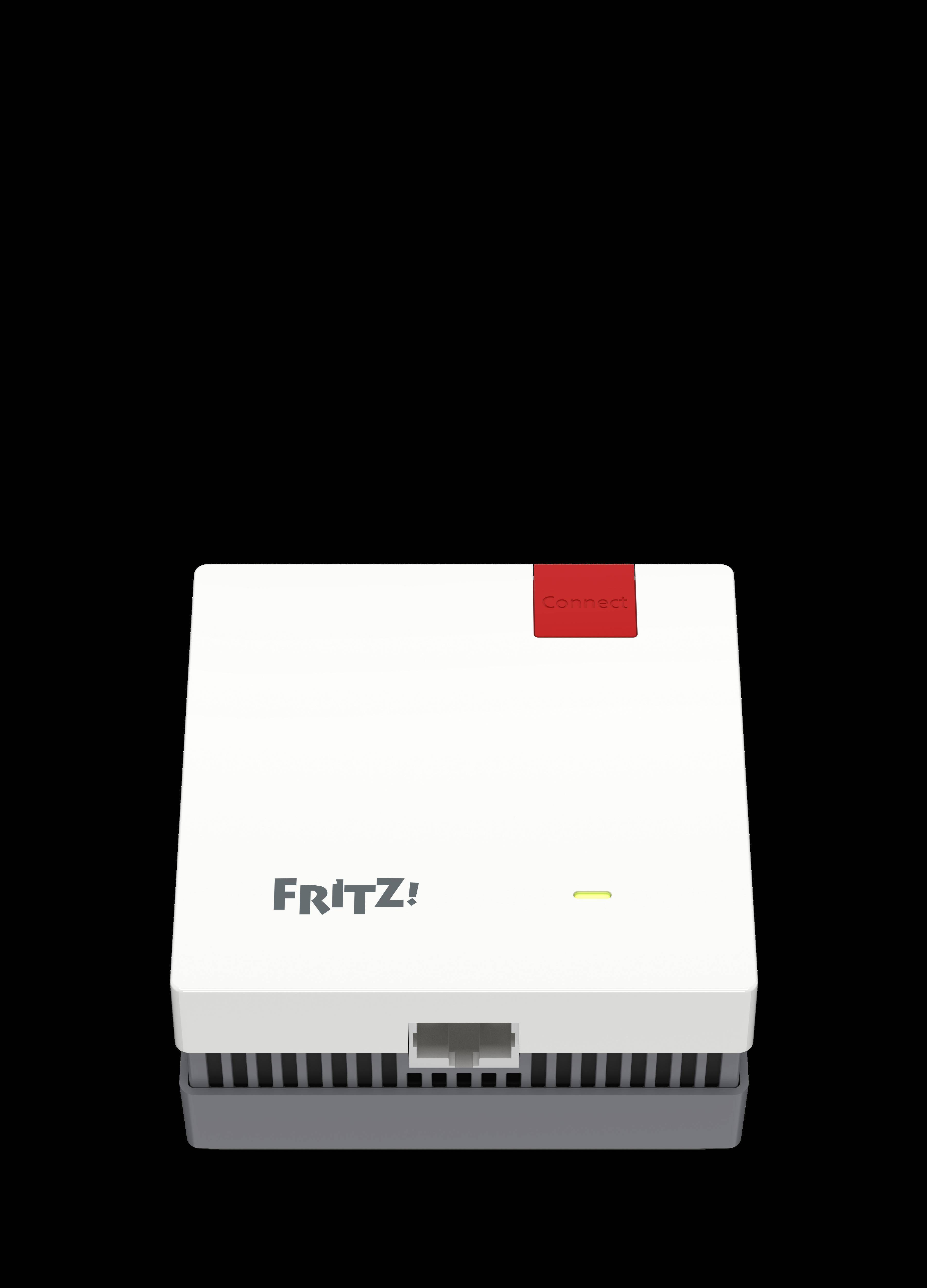 Weißer FRITZ!Box-Router mit rotem oberen Register, vorderem Ethernet-Anschluss und kleinem Statuslicht auf schwarzem Hintergrund.