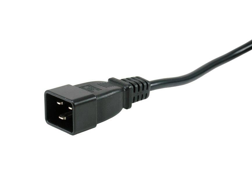 Schwarzes Stromkabel mit IEC-C14-Stecker auf weißem Hintergrund.