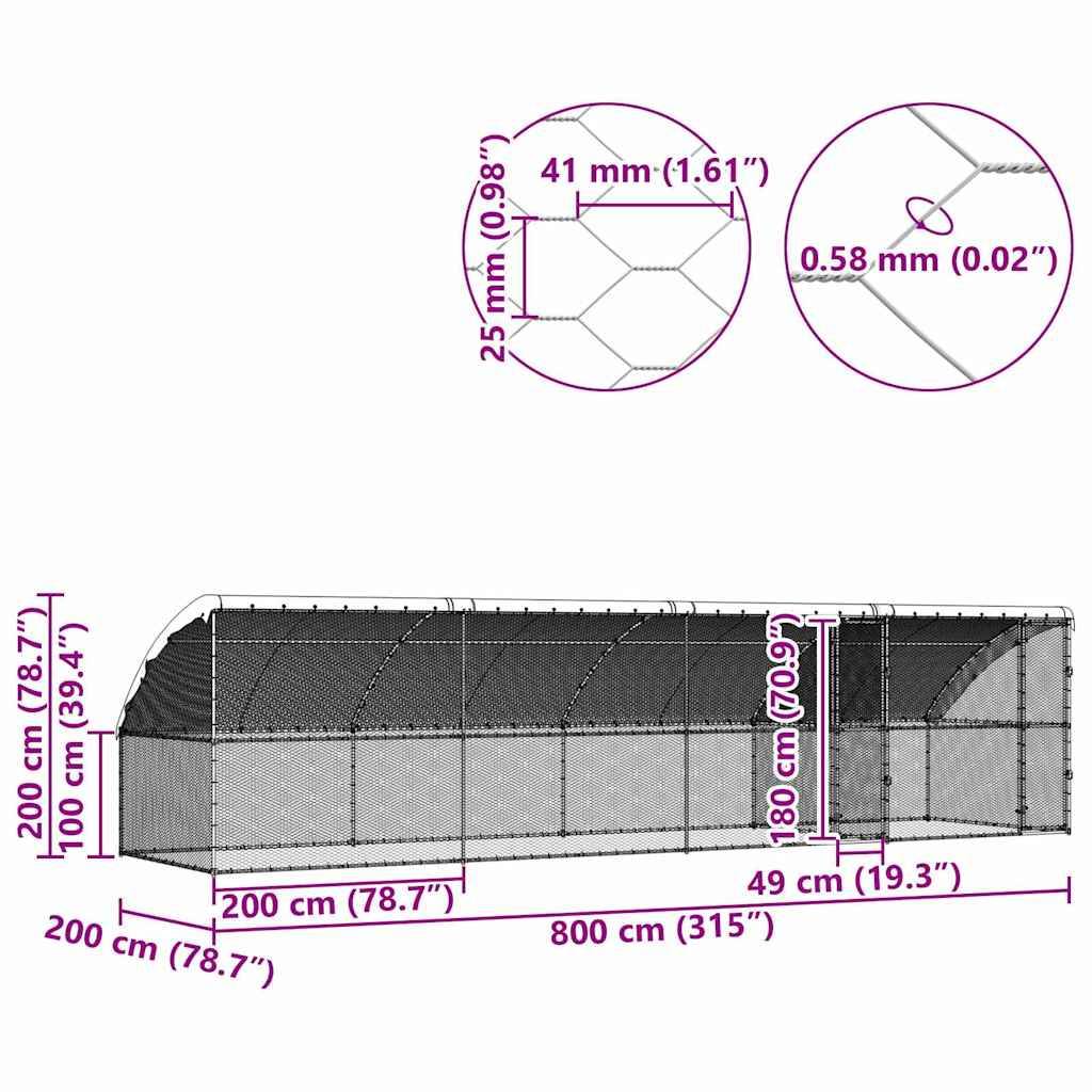 Gewächshausabmessungen: Länge 800 cm, Breite 200 cm, Höhe 200 cm. Drahtgitterabstandsdetails: 41 mm und 0,58 mm Dicke.