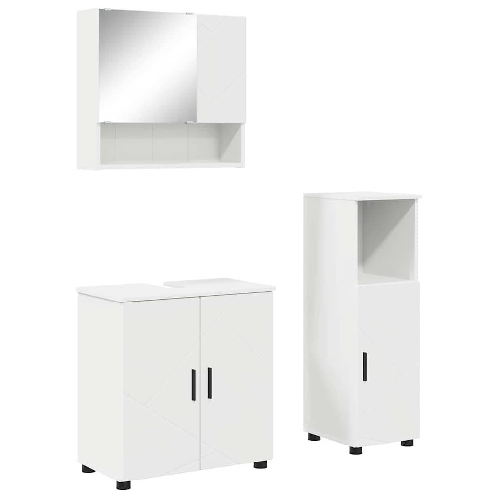 Weißes Badmöbel-Set mit einem Spiegelschrank, einem Waschtisch mit zwei Türen und einem hohen Aufbewahrungsschrank. Klares, modernes Design.