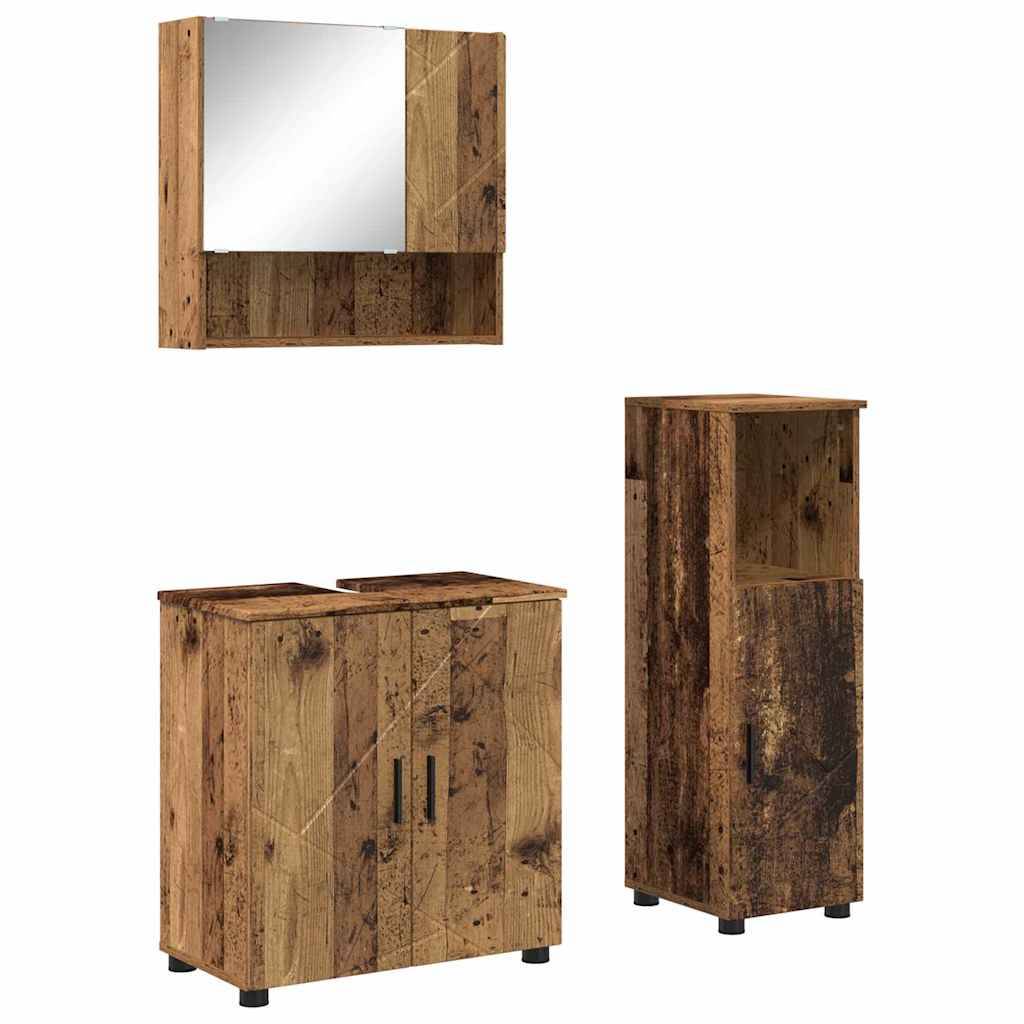 Ein Badmöbel-Set aus Holz mit einem Spiegelschrank, Waschbeckenunterschrank und einem hohen Aufbewahrungsschrank, alle mit einer rustikalen Oberfläche versehen.