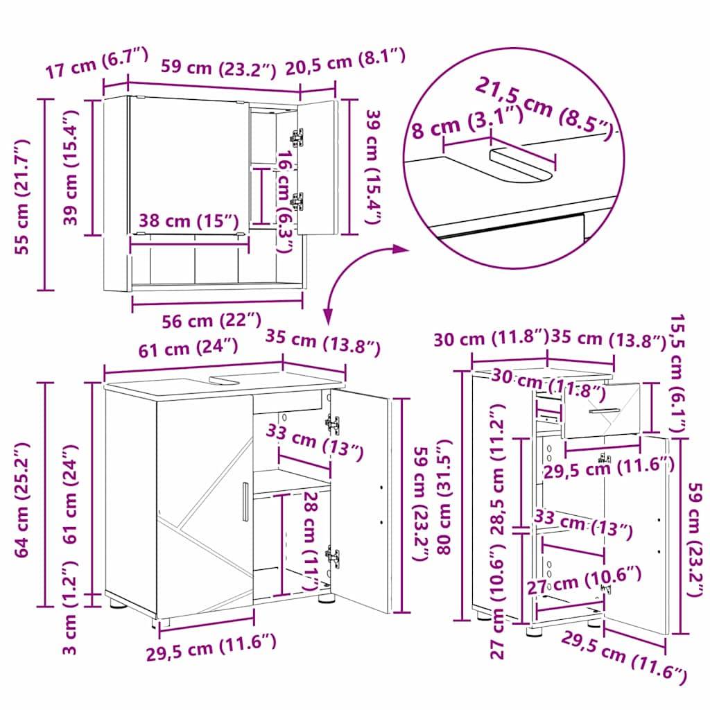 vidaXL Badezimmermöbel-Set 3 pcs Graues Sonoma Holzwerkstoff & Metall