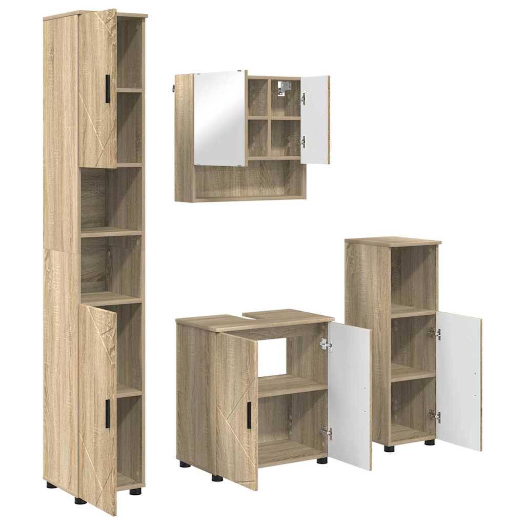 Hohe Holz-Badschränke mit offenen und geschlossenen Türen, die Stauraummöglichkeiten präsentieren. Beinhaltet einen montierten Spiegelschrank.