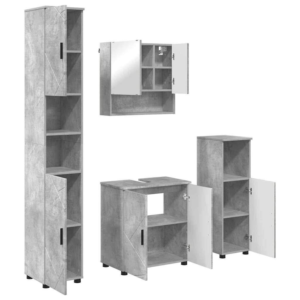 Hoher Standschrank, Wandschrank mit Spiegeltür und Unterschrank mit offenem Regal, alles in Grau mit schwarzen Griffen.