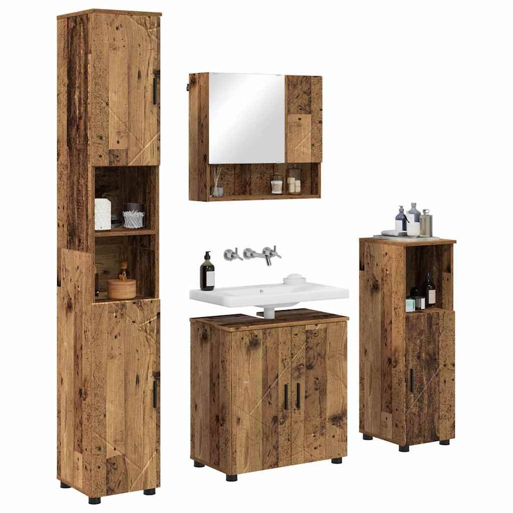 Rustikales Badmöbel-Set aus Holz umfasst einen hohen Schrank, einen Wandspiegel mit Ablagen, ein Waschbecken und einen kleineren Schrank.