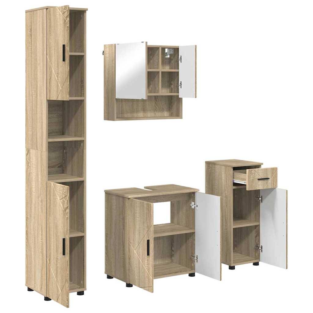 Hohe und kurze Holzschränke mit offenen und geschlossenen Türen, einige mit Regalen und Spiegeln, die verschiedene Aufbewahrungsmöglichkeiten präsentieren.