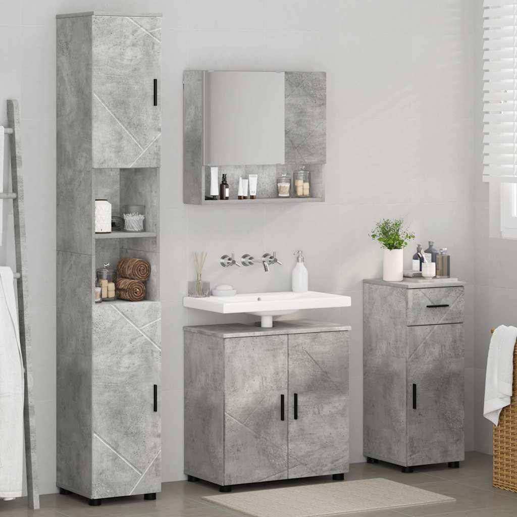 Badezimmer mit modernen Schränken in Betonoptik und Spiegel. Ausgestattet mit hohem Schrank, Unterschrankstauraum, kleiner Schubladeneinheit und Leiterregal.