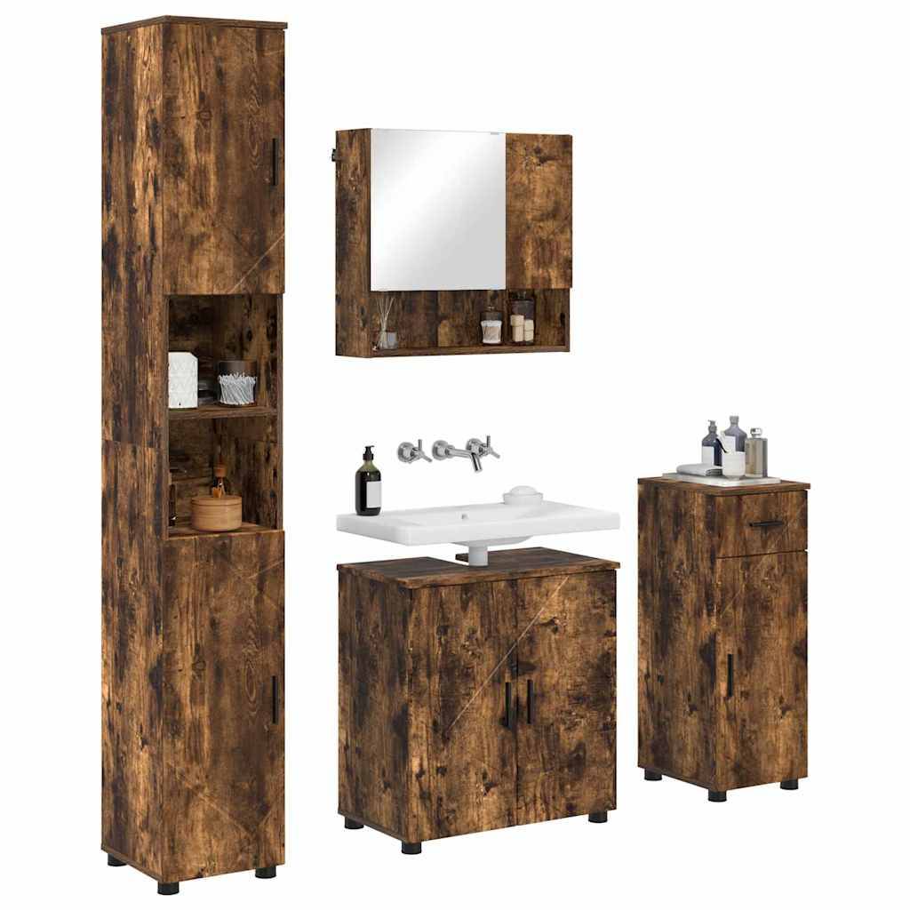 Rustikales Badmöbel-Set mit hohem Schrank, Spiegelwandschrank, Waschbecken mit Stauraum und kleinem Schrank in dunkler Holzoptik.
