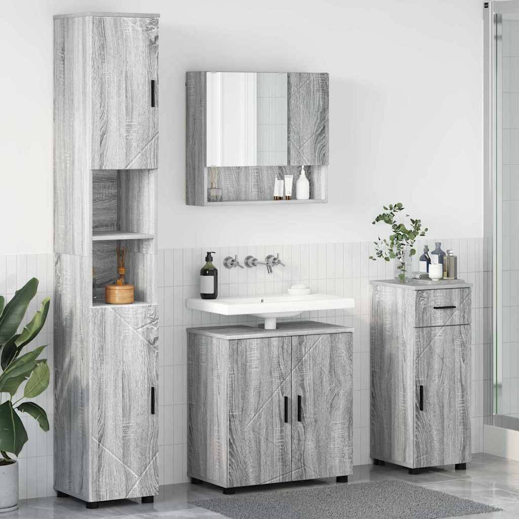 Modernes Badezimmer mit Schränken in Holzgrau, Wandspiegel und Waschbecken. Umfasst einen hohen Schrank, Unterschrank-Stauraum und einen kleinen Seitenschrank.