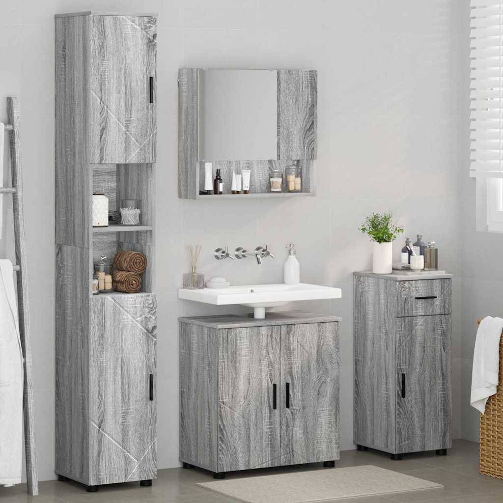 Ein modernes Badezimmer mit grauen Holzschränken, einem Waschbecken mit einem Spiegel darüber, Toilettenartikel auf Regalen und einer kleinen Pflanze auf der Arbeitsplatte.