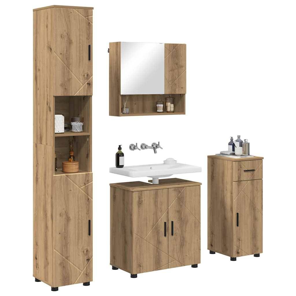 Badezimmermöbel-Set bestehend aus einem hohen Schrank, Spiegelschrank zur Wandmontage, Waschbecken mit Ablage und einem kleinen Schrank, alle in heller Holzoptik.