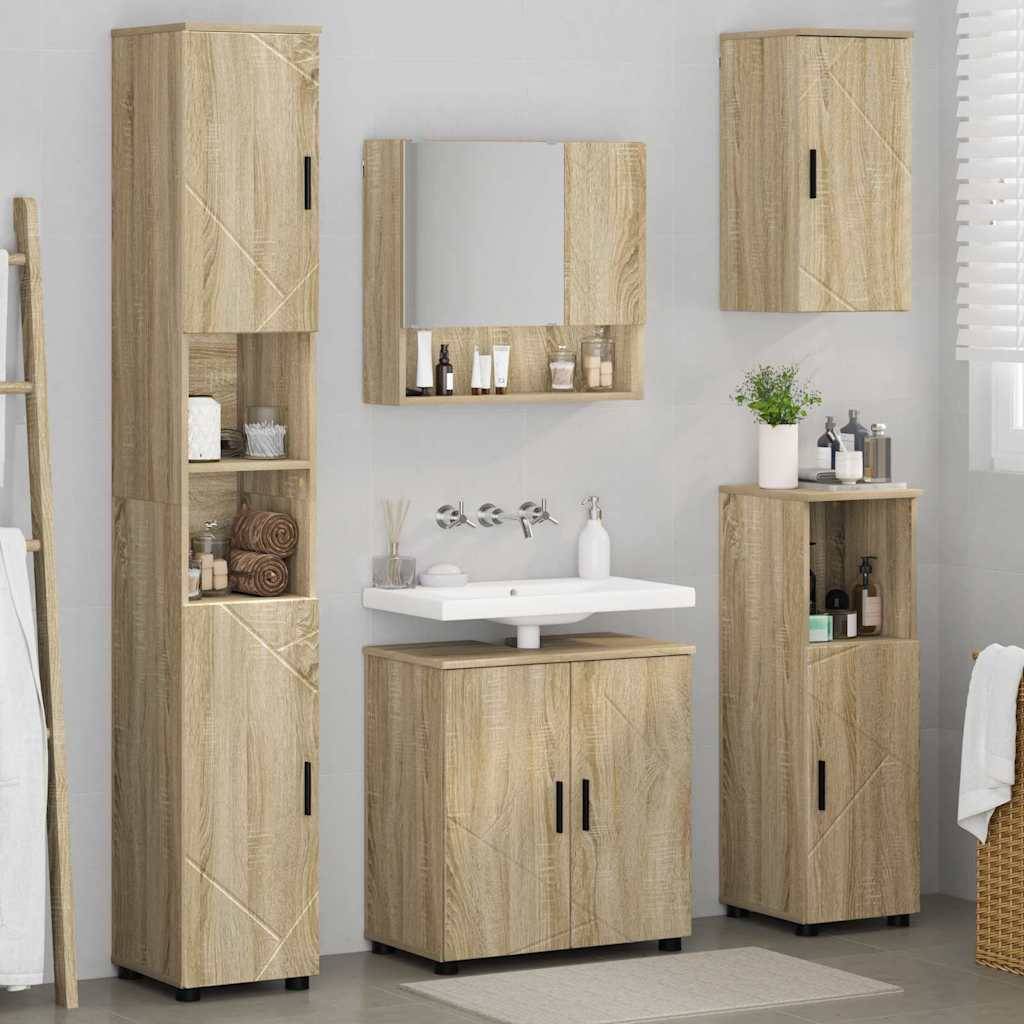 Modernes Badezimmer mit Holzschränken, einem Spiegel, Waschbecken und verschiedenen Toilettenartikeln auf Marmorarbeitsplatten. Hellgraue Wände unterstreichen die Dekoration.