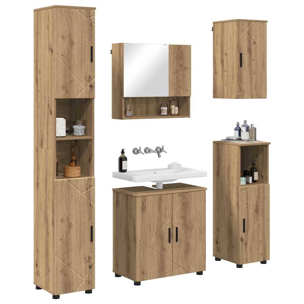 Badmöbel-Set in hellem Holz umfasst hohe und niedrige Schränke, einen wandmontierten Spiegelschrank und ein Waschbecken mit Stauraum darunter.