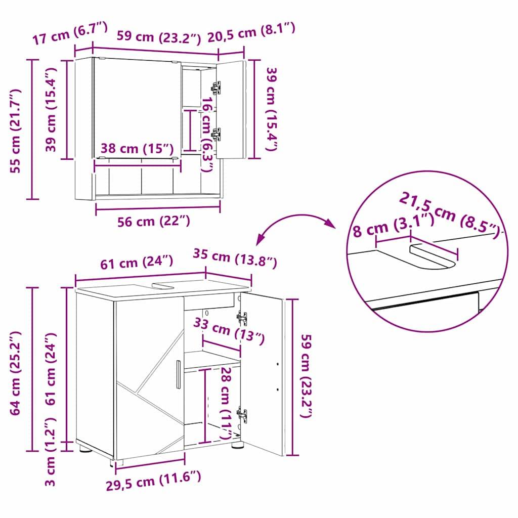 vidaXL Badezimmermöbel-Set 2 pcs Graues Sonoma Holzwerkstoff & Metall