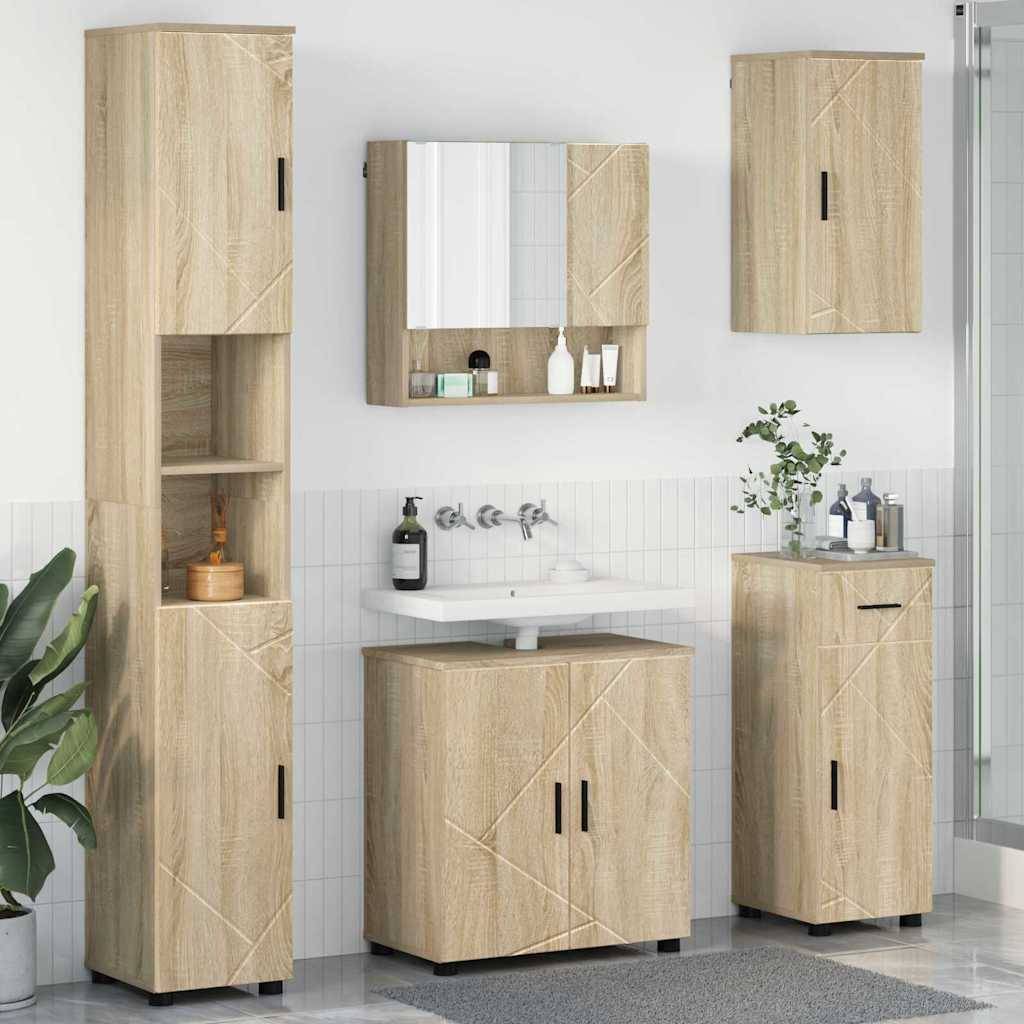 Modernes Badezimmer mit hellen Holzschränken, weißem Waschbecken und kleinen Pflanzen. Spiegelschrank über dem Waschbecken, mit Toilettenartikeln auf dem Regal.