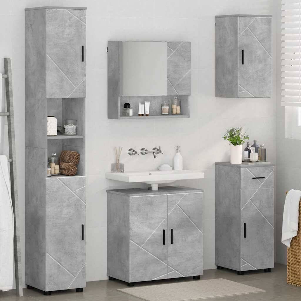 Modernes Badezimmer mit grauen geometrisch gemusterten Schränken, einem Waschbecken, einem wandmontierten Spiegel und kleinen Pflanzen. Neutrale Töne, minimalistisches Design.