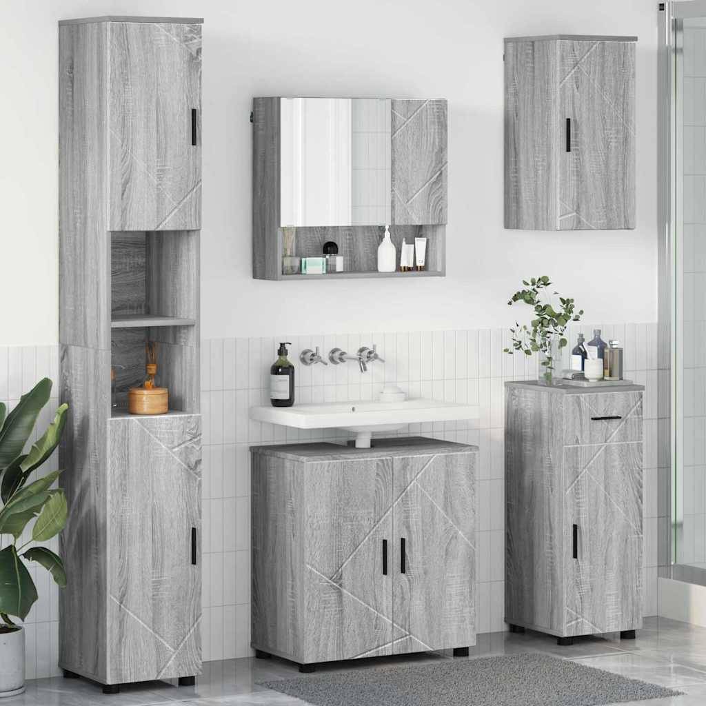 Ein modernes Badezimmer mit grauen Holzschränken, einem Wandspiegelschrank über einem weißen Waschbecken und dekorativen Pflanzen an einer weißen gefliesten Wand.