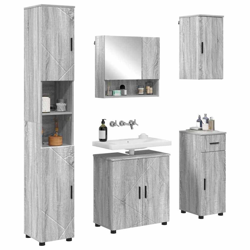 Graues Holz-Badezimmerset, bestehend aus einem hohen Schrank, einem Spiegel mit Ablage, einem Wandschrank, einem Waschbeckenunterschrank und einem kleinen Schrank.