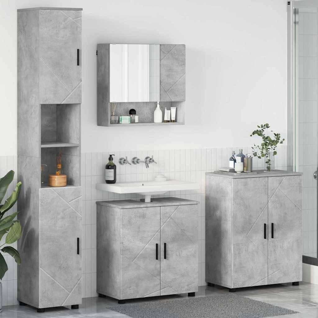 Modernes Badezimmer mit grauen Schränken im Betonlook, wandmontiertem Spiegelschrank, weißem Waschbecken und einer Topfpflanze vor einer weißen gefliesten Wand.