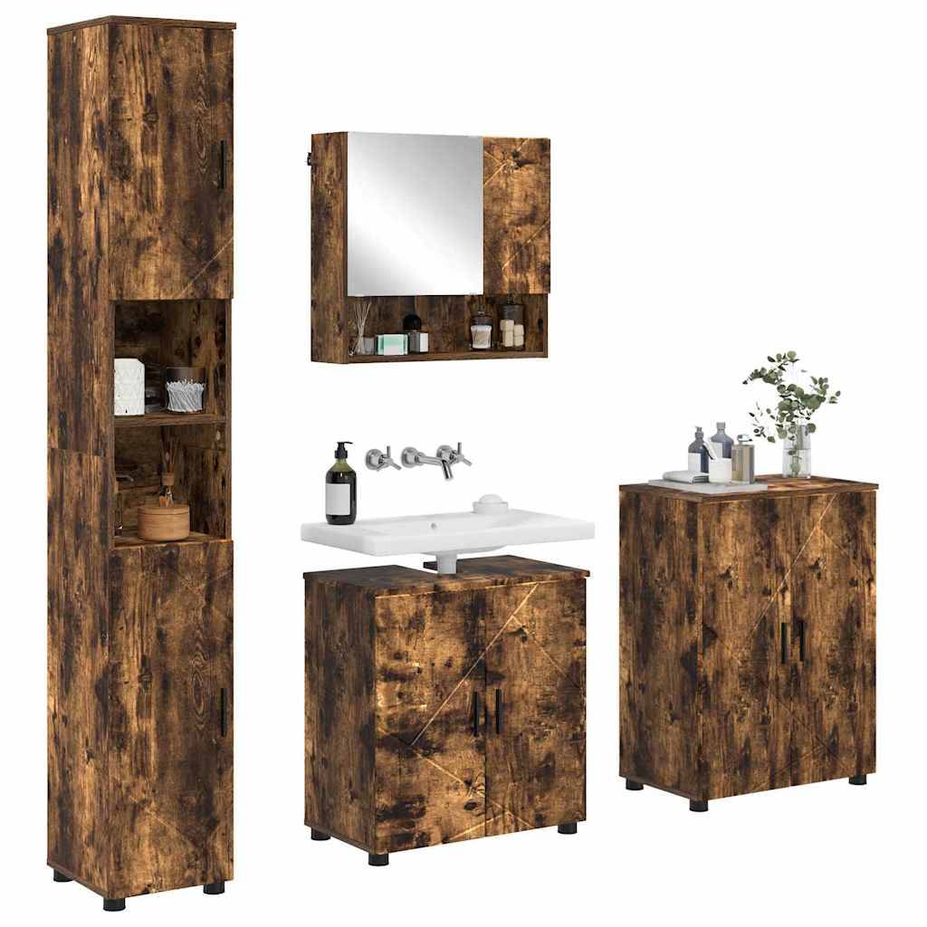 Badmöbel-Set in rustikaler Holzoptik, bestehend aus einem hohen Schrank, Wandschrank mit Spiegel, Waschbecken mit Armatur und einem kleinen Dekorschrank.