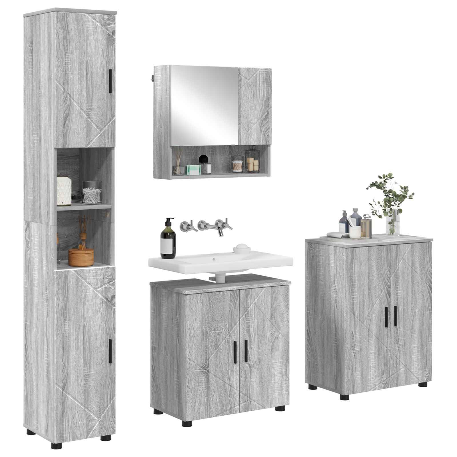 Ein Set aus grauen Holzmöbeln für das Badezimmer, bestehend aus einem hohen Schrank, einem Spiegelschrank, einem Waschbecken mit Unterschrank und einem Bodenschrank mit Dekoration.