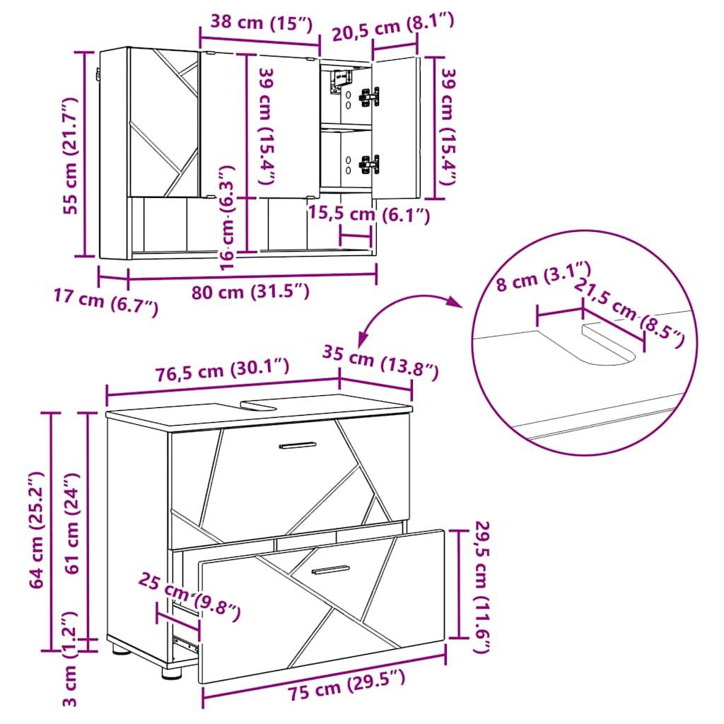 vidaXL Badezimmermöbel-Set 4 pcs Graues Sonoma Sperrholz und Metall