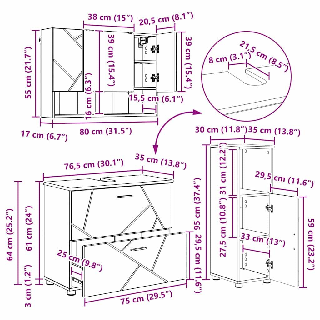 vidaXL Badezimmermöbel-Set 3 pcs Sonoma-Eiche Sperrholz und Metall