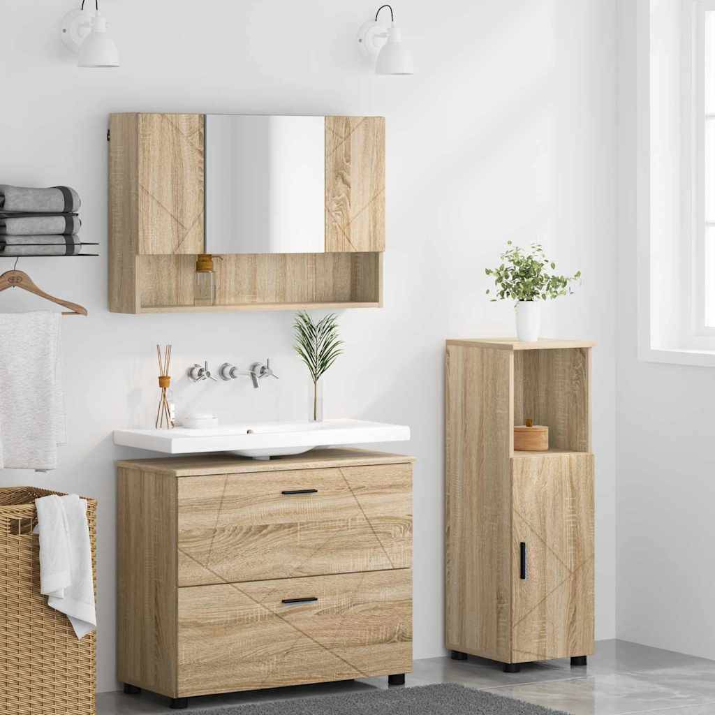 vidaXL Badezimmermöbel-Set 3 pcs Sonoma-Eiche Sperrholz und Metall