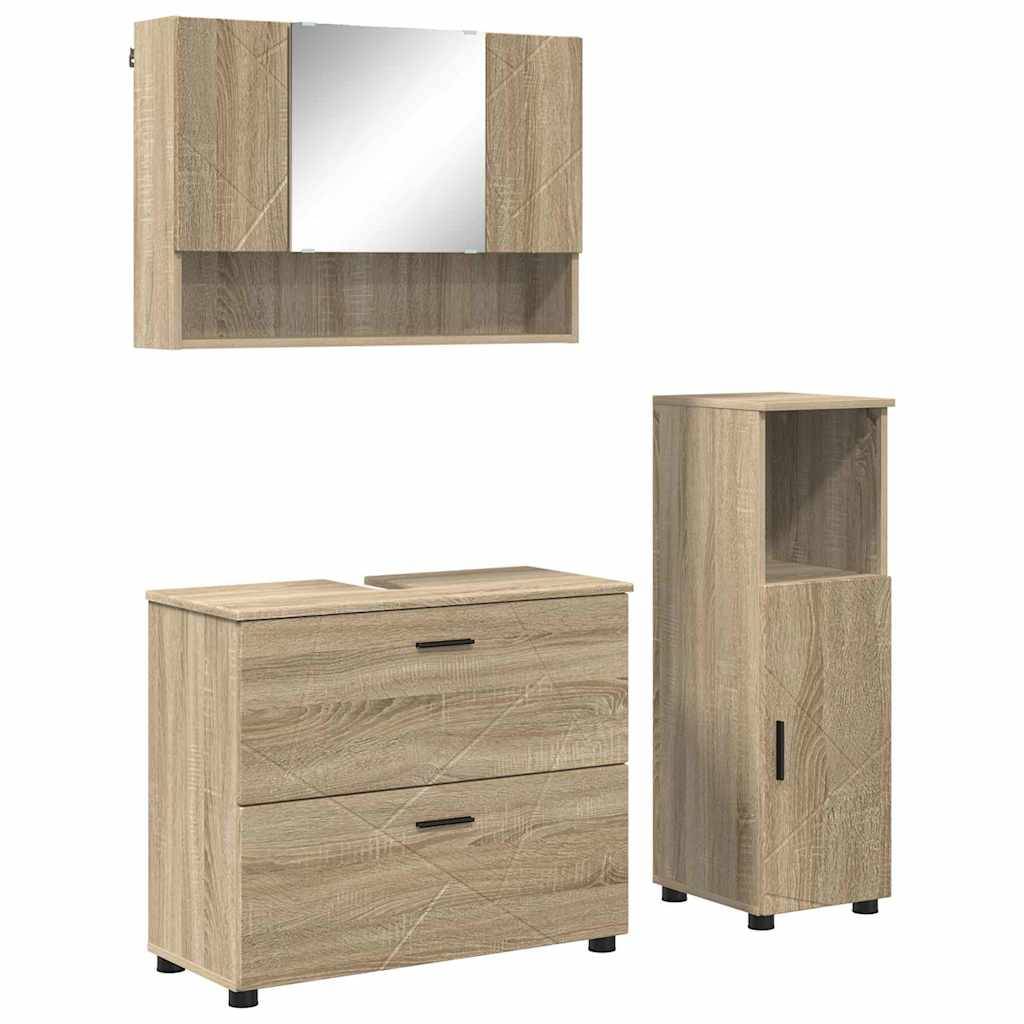 Drei Holz-Badezimmerschränke: ein Wandschrank mit Spiegel, ein zweischubliger Bodenschrank und ein hoher, schmaler Aufbewahrungsschrank.