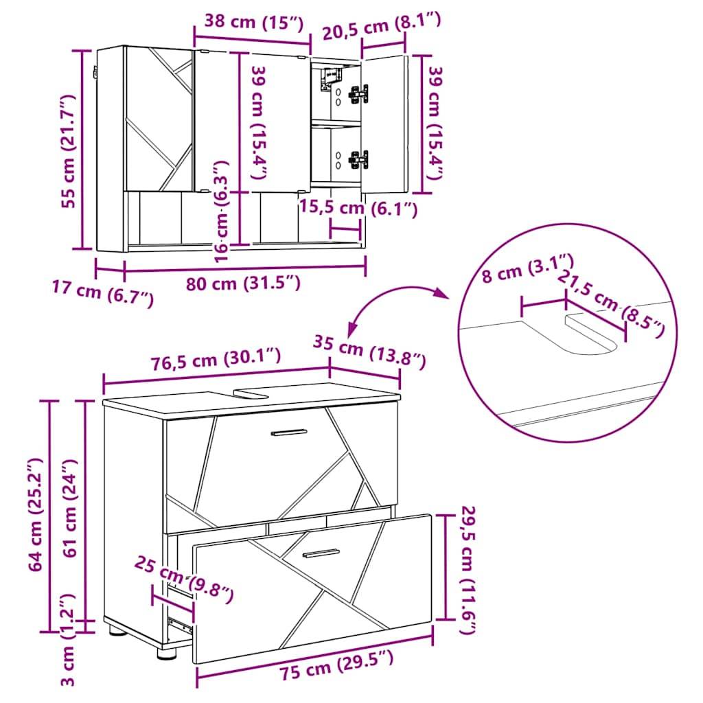 vidaXL Badezimmermöbel-Set mit Schubladen 4 pcs Geräucherte Eiche