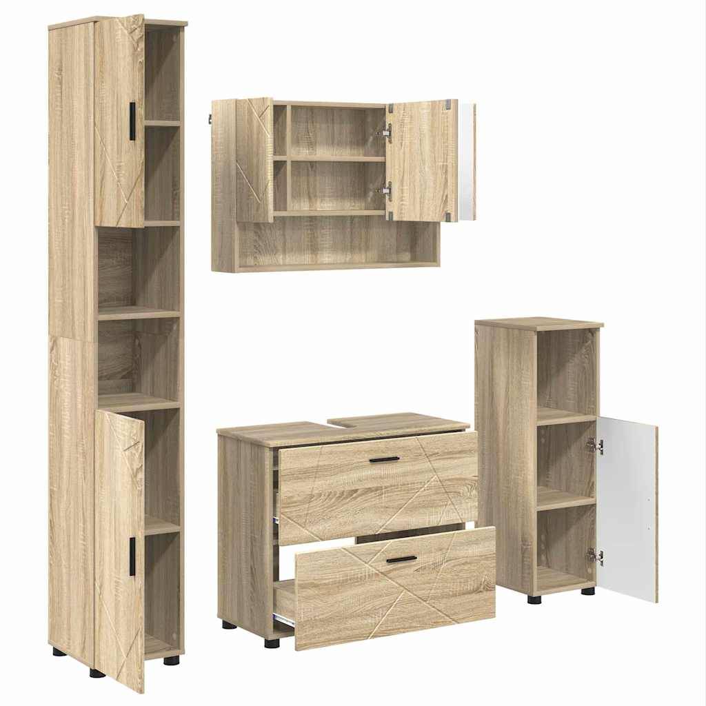 Möbel-Set aus Holz bestehend aus einem hohen Schrank, einem Wandschrank, einer Kommode und einem kleinen Schränkchen, alle mit kontrastierenden Griffen.