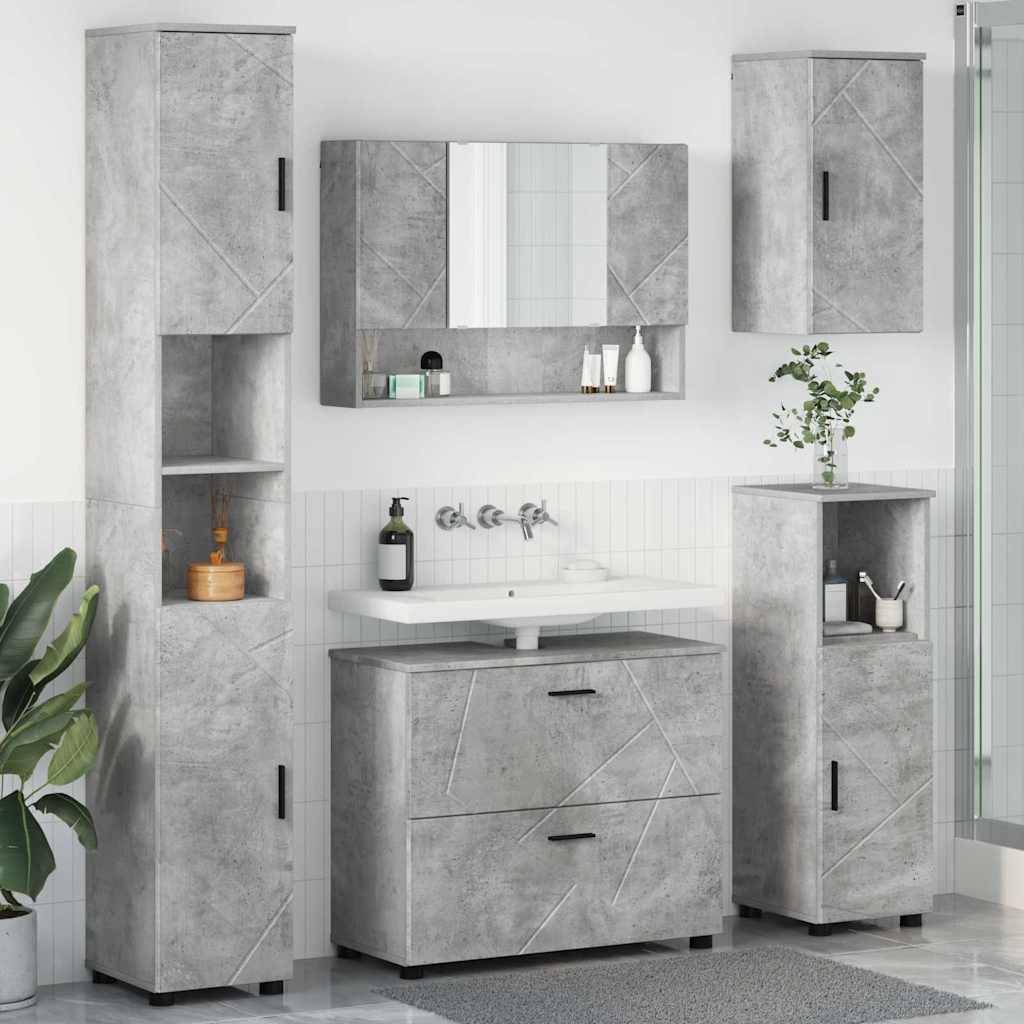 Badezimmer mit modernen grauen Schränken, Spiegel, Waschbecken und Topfpflanze. Klares, zeitgenössisches Design mit geometrischen Mustern.