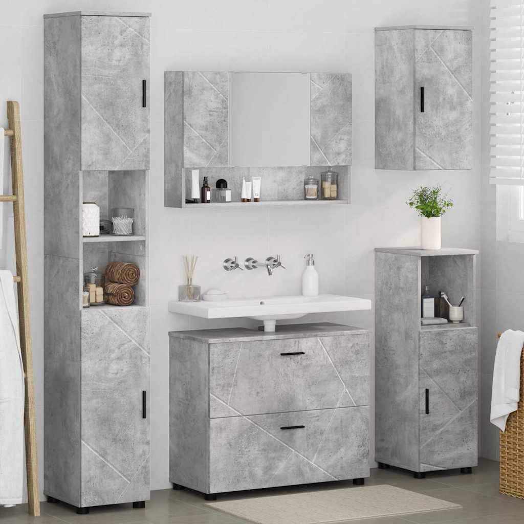Modernes Badezimmer mit grauen Schränken, einem an der Wand montierten Spiegel und einem Waschbecken. Regale mit Toilettenartikeln und einer kleinen Pflanze runden die Dekoration ab.
