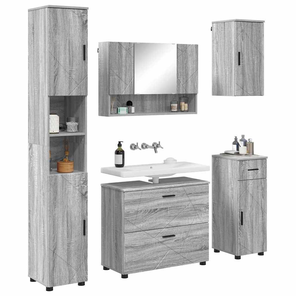 Ein modernes Badmöbel-Set in Grau aus Holz umfasst einen hohen Schrank, einen Spiegelschrank für die Wand, einen kleinen Wandschrank, einen Waschbecken mit Unterschränken und eine kleine Schubladeneinheit.