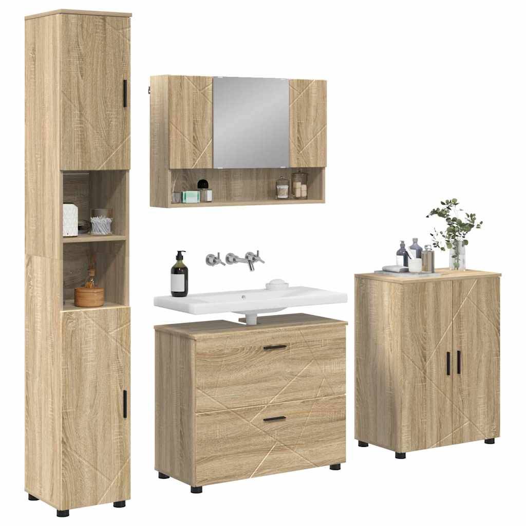 Badmöbel-Set mit Holzoptik, bestehend aus einem hohen Schrank, Spiegelschrank zur Wandmontage, Waschbecken mit Stauraum und einem Unterschrank mit zwei Türen.