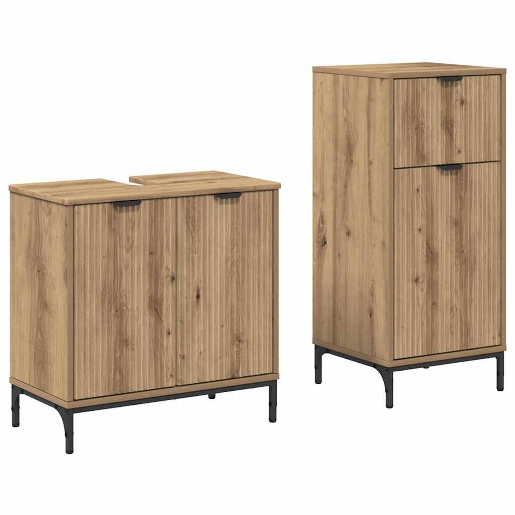 Ein Holzschrankensemble bestehend aus einer zweitürigen Einheit und einem höheren Schrank mit zwei Schubladen, beide mit schwarzen Metallfüßen und -griffen.