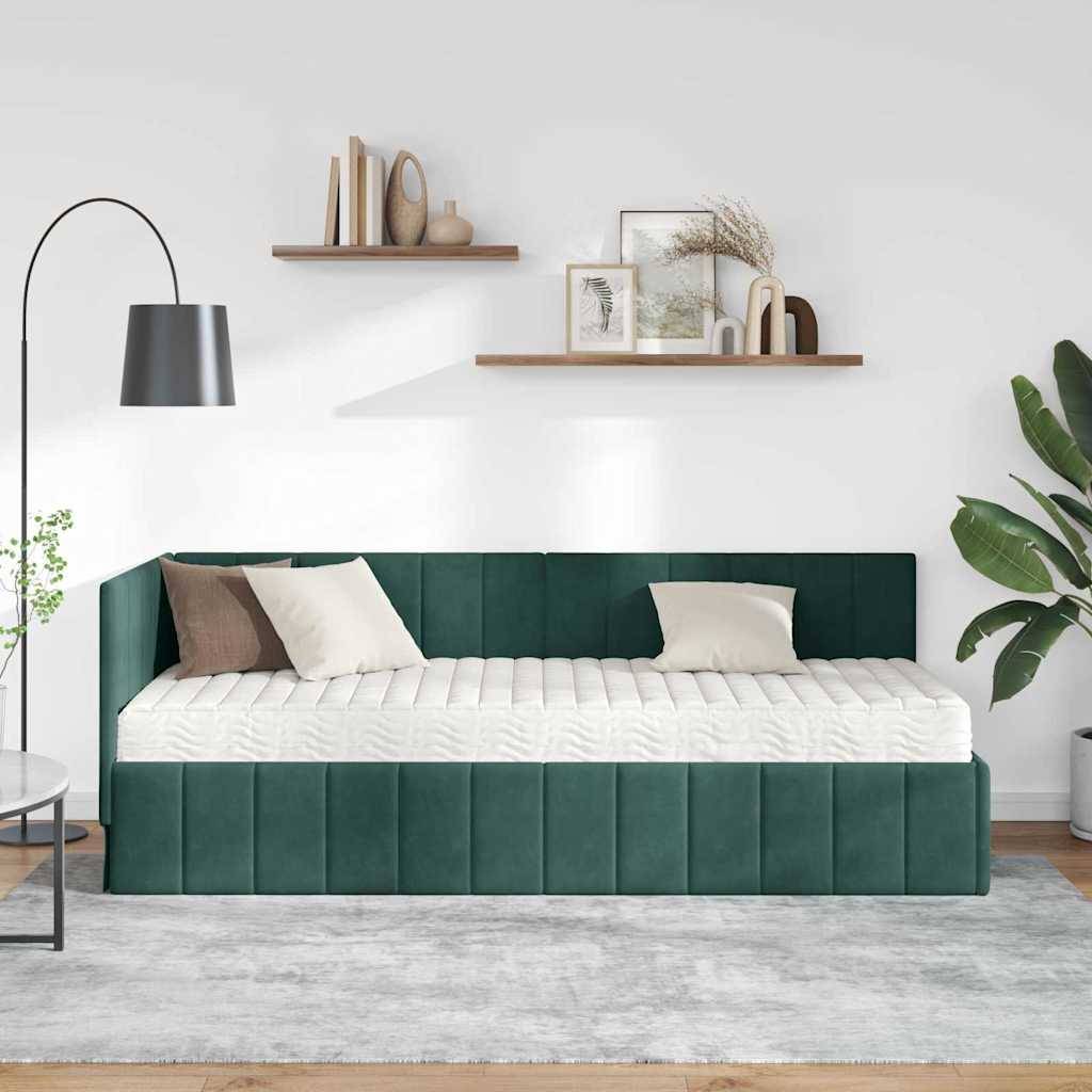 vidaXL Eckbettgestell mit Matratze mit Kopfteil 2 pcs Grün Samt