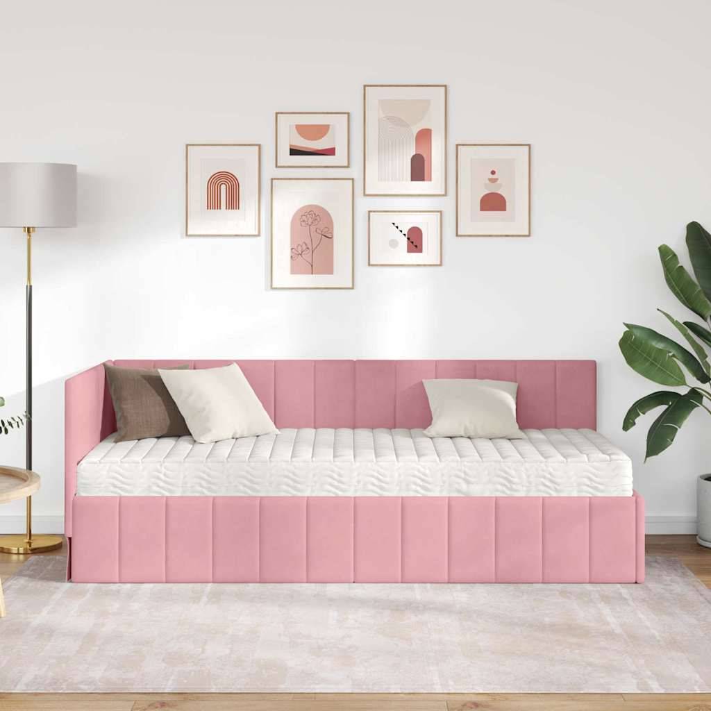 vidaXL Eckbettgestell mit Matratze mit Kopfteil Rosa 80 x 200 cm Samt