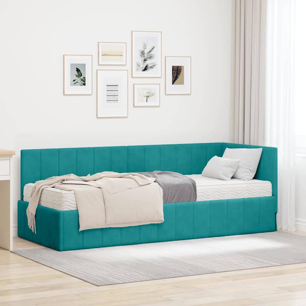vidaXL Eckbettgestell mit Matratze mit Kopfteil 2 pcs Türkis Samt