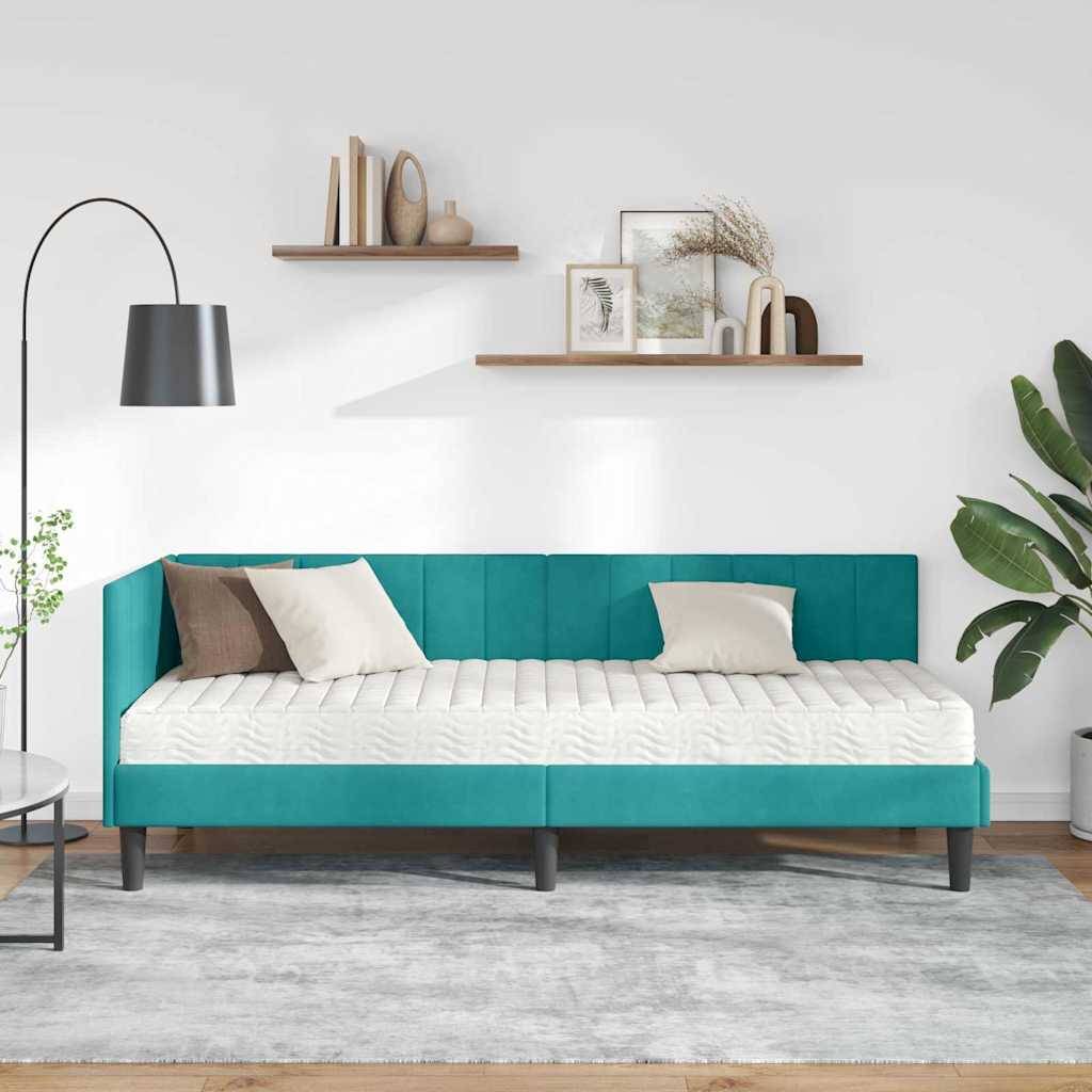 vidaXL Eckbettgestell mit Matratze mit Kopfteil 2 pcs Türkis Samt