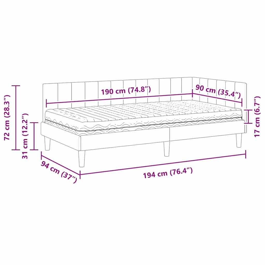 Tagesbett mit Maßen: Höhe 72 cm, Tiefe 94 cm, Breite 194 cm. Matratze 190 cm x 90 cm. Mattratzhöhe 17 cm.