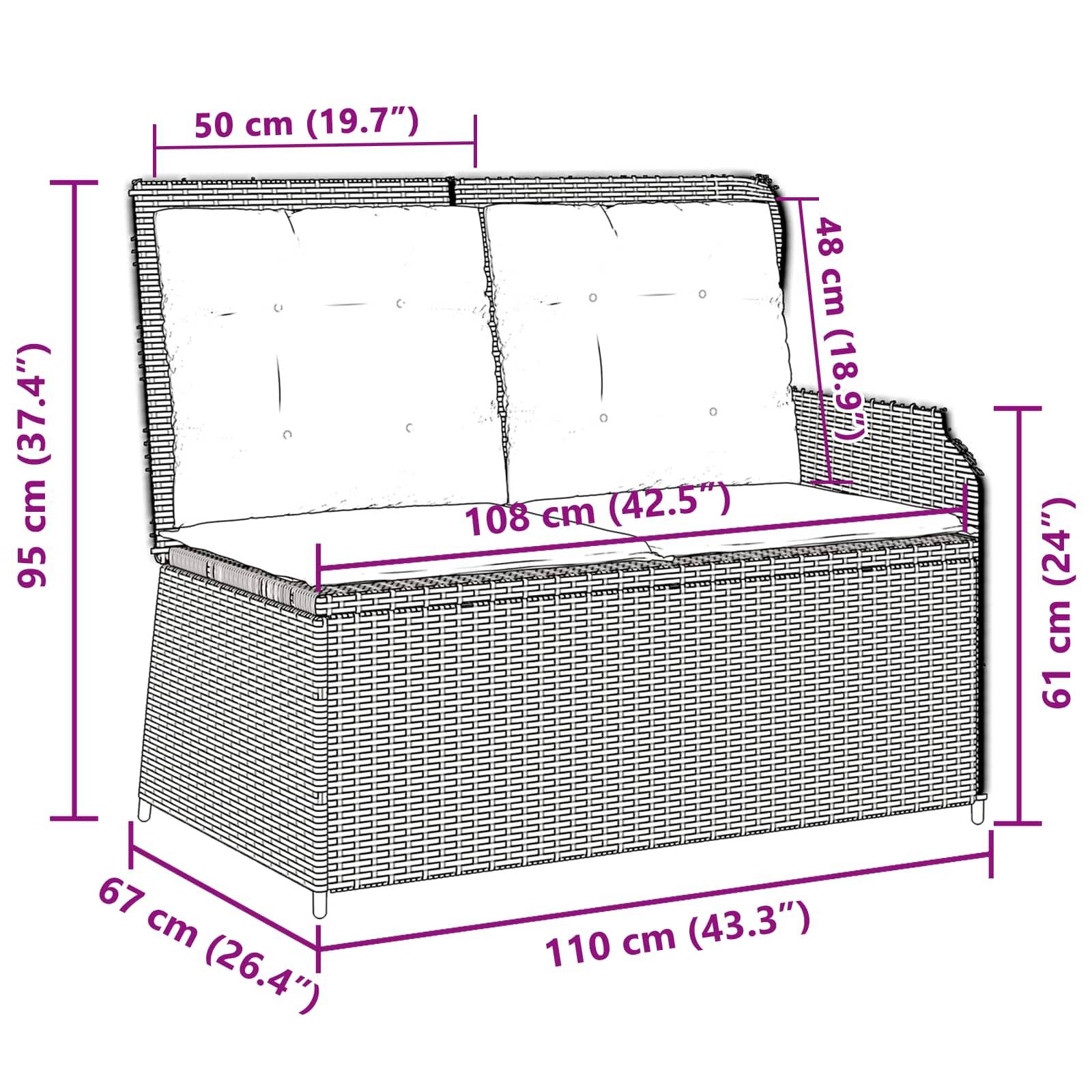 Maße Outdoor-Aufbewahrungsbank: Breite 110 cm (43,3