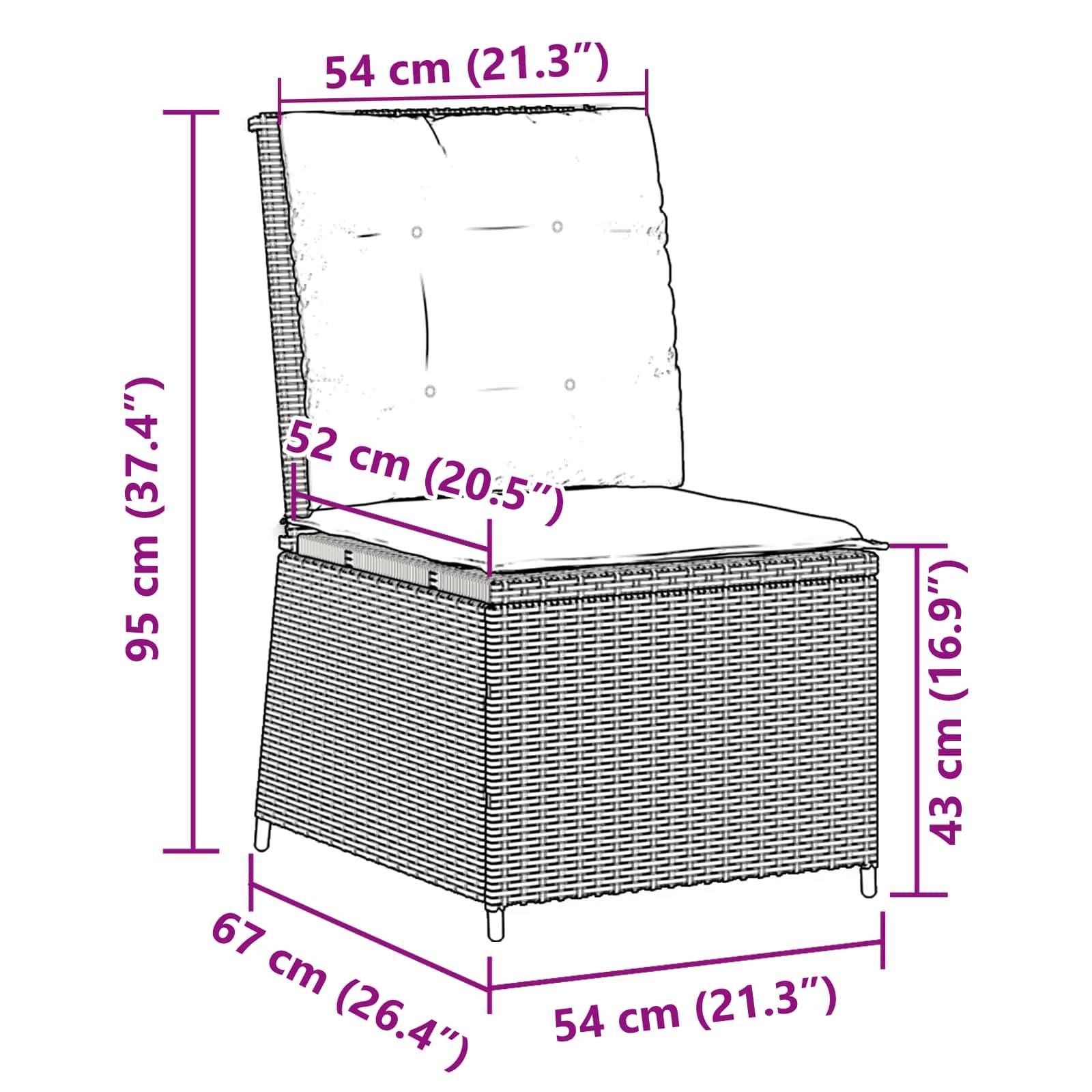 Outdoorsessel mit Kissen, mit folgenden Maßen: Höhe 95 cm, Breite 54 cm, Tiefe 67 cm.