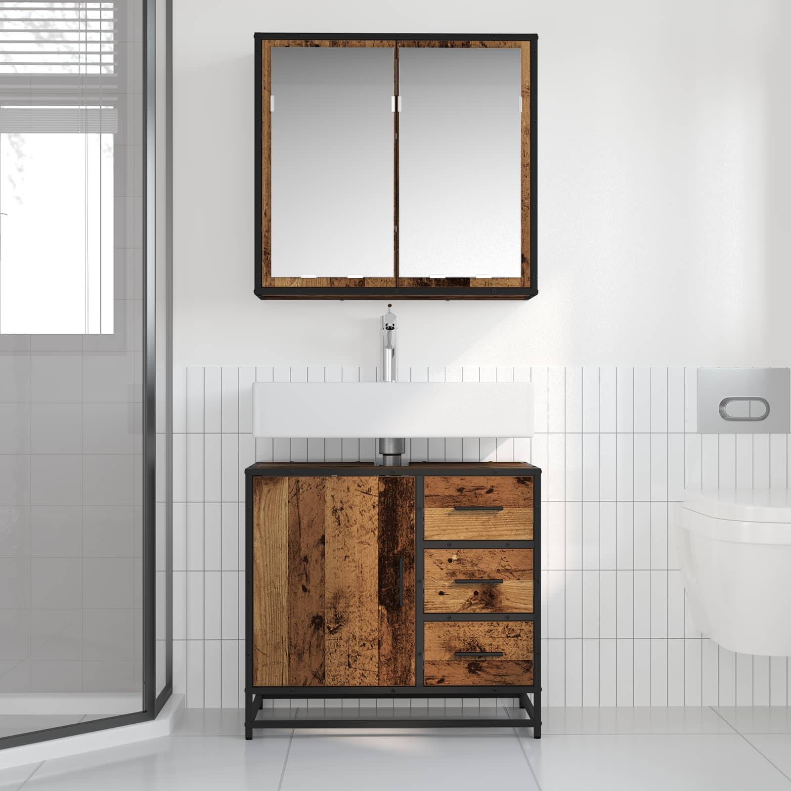 Ein modernes Badezimmer verfügt über einen Waschtisch aus Holz mit einem weißen Waschbecken, einem Spiegelschrank darüber, einer Glasduschkabine und gefliesten Wänden.