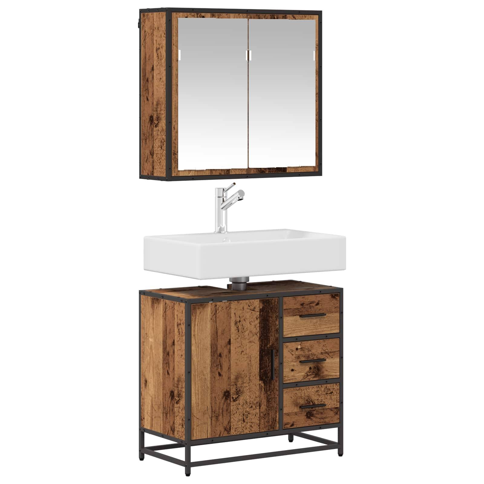 Holz-Badezimmermöbel-Set mit einem an der Wand montierten Spiegelschrank. Ausgestattet mit einem weißen Waschbecken, Wasserhahn und Staurageschubladen darunter.