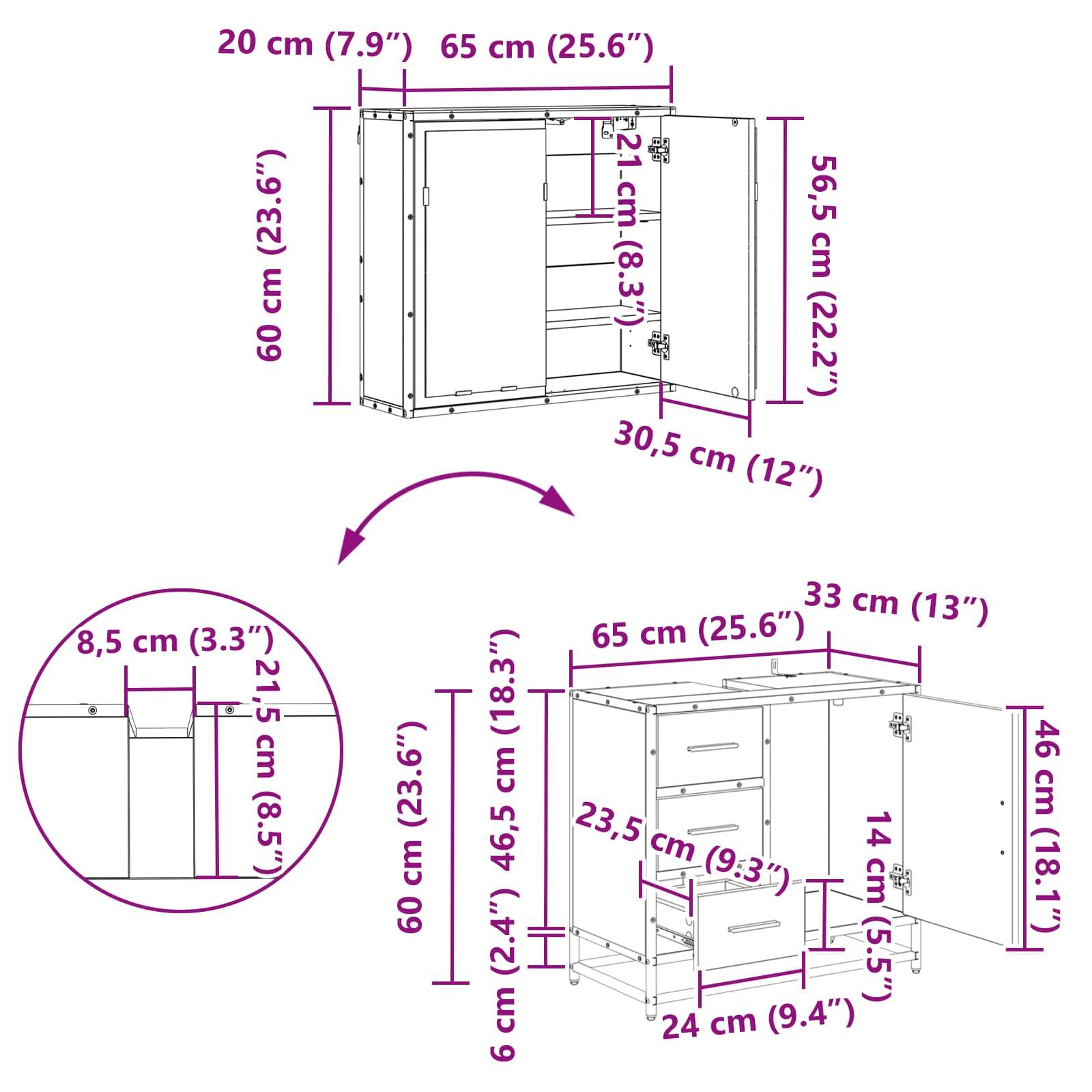 Darstellung eines Schranks mit Maßen. Der obere Abschnitt ist 60 cm hoch und verfügt über Regale. Der untere Abschnitt ist 88,5 cm hoch und enthält Schubladen, und der Schrank ist insgesamt 65 cm breit.